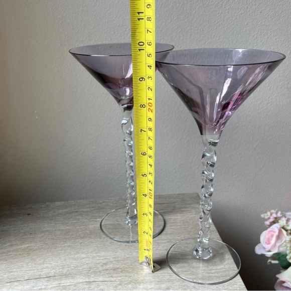 Pair/2 Romanian Blown Glass Amethyst Bowl Barley Twist Stem Tall Martini Glasses - Picture 8 of 12